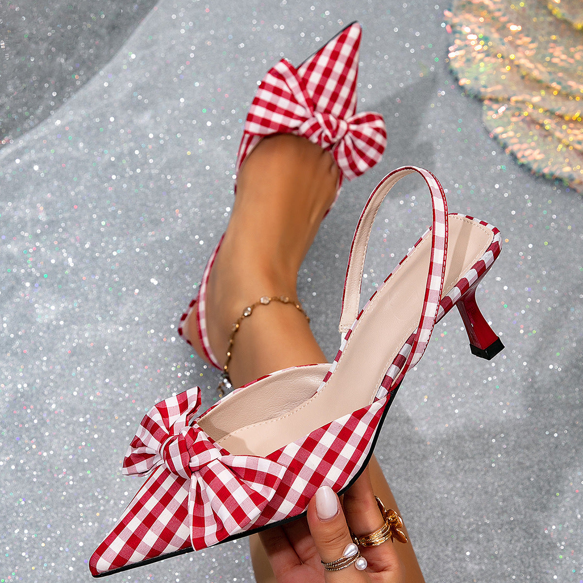 New 2026 Women's Pointed-Toe Plaid Bow Shoes