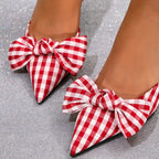 New 2026 Women's Pointed-Toe Plaid Bow Shoes